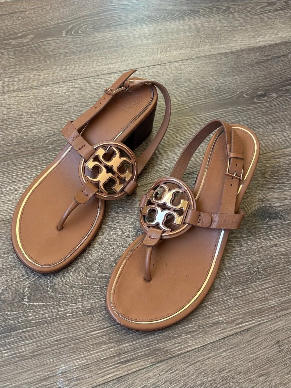 Tory Burch Miller Low Heeled Sandal Tan and Gold 8 1/2